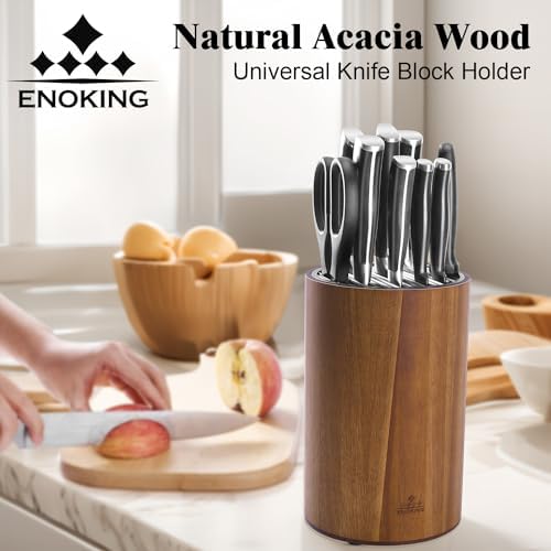 ENOKING Universal Knife Block with Acacia Wood Base and Plastic Lid