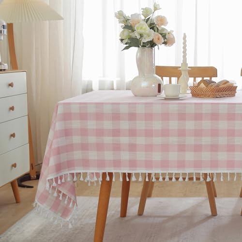 Charming Checkered TABLEcloth for Dining in Pink White with Tassels