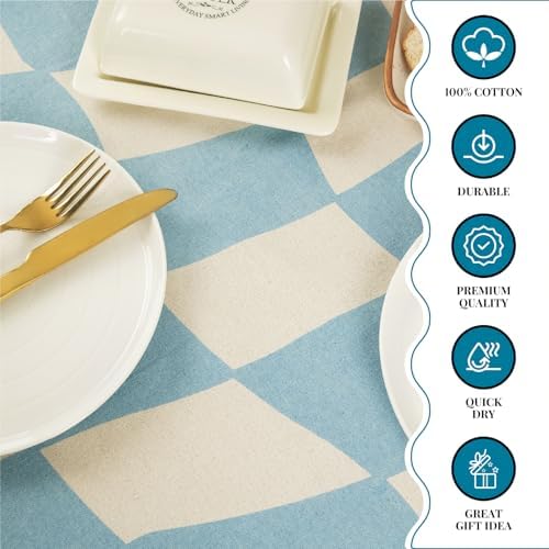 MODERN BOHO TABLECLOTH FOR SUMMER OUTDOORS 60X60 SQUARE TABLEcloth White Blue Checkered Pattern