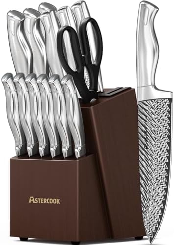 AsterCook Premium German Stainless Steel 15-Piece Knife Set with Built-In Sharpener