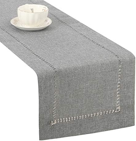Tosewever Hemstitch Linen Table Runner Farmhouse Style Grey 14x72 Inches