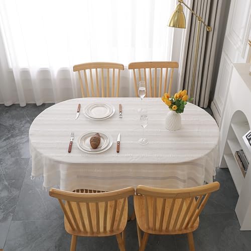 Gernaice Rustic Stripe Embroidered Oval Tablecloth 53x70 Inch