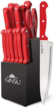 GINSU 14-Piece Knife Set - Red with Black Block Dishwasher Safe Always Sharp