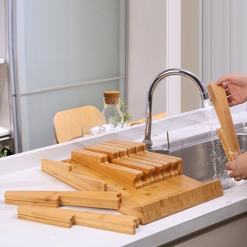 HHXRISE Bamboo Knife Organizer Removable Space-Saving Health-Safe 16 Knives Organizer
