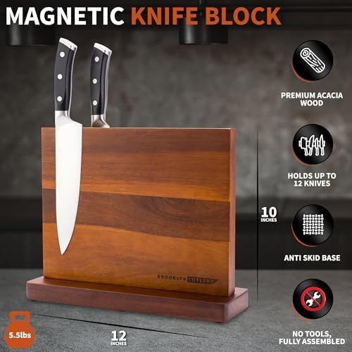 12-Piece Magnetic Acacia Wood Knife Block Durable Kitchen Gadget with 10 Knives