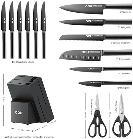 OOU 15 Piece Kitchen Knife Block Set with Sharpening