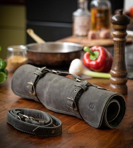 High-Quality Leather Knife Roll Bag for Chefs Olive-Green