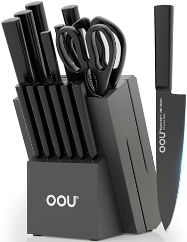 OOU 15 Piece Kitchen Knife Block Set with Sharpening