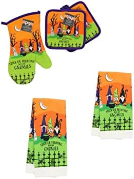 KRE5-Piece Halloween Kitchen Linen Set Pot Holders Oven Mitts Fall Towels HALLESTEEL