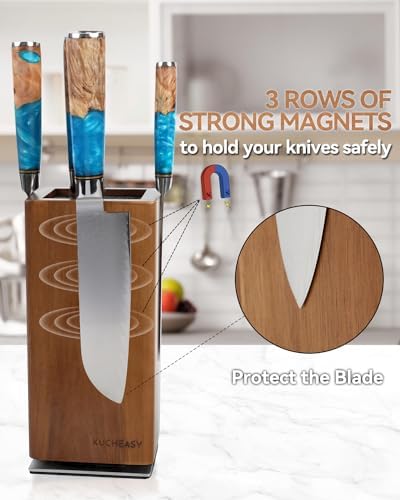 KUCHEASY Magnetic Knife Block 360 Rotating Wood Universal Knife Holder