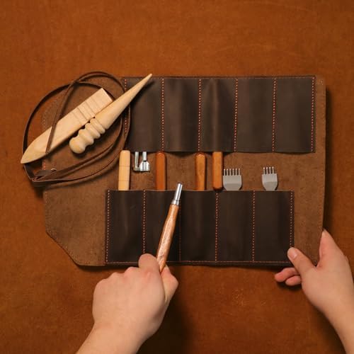 Tourbon Full Leather Knife Roll Case - 10 Slots for Tools