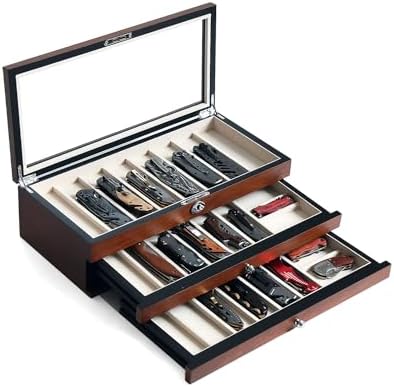 Three-Tier Pocket Knife Case with Elegant Walnut Finish -compact Durable