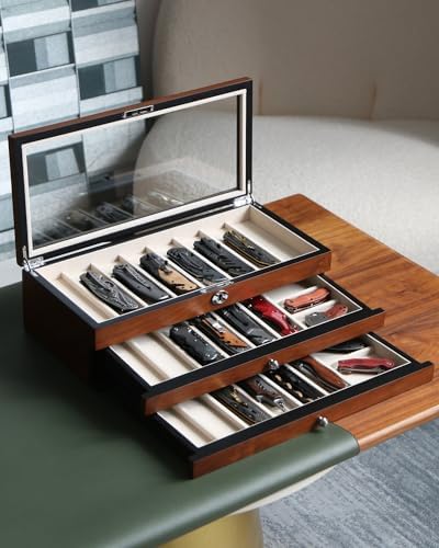 Three-Tier Pocket Knife Case with Elegant Walnut Finish -compact Durable