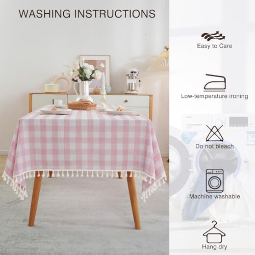 Charming Checkered TABLEcloth for Dining in Pink White with Tassels