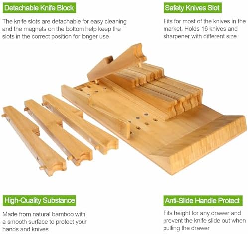 HHXRISE Bamboo Knife Organizer Removable Space-Saving Health-Safe 16 Knives Organizer