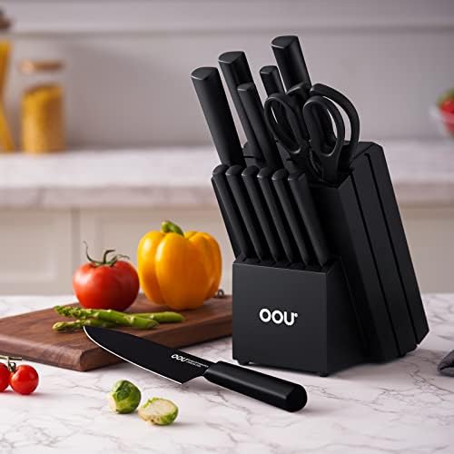 OOU 15 Piece Kitchen Knife Block Set with Sharpening