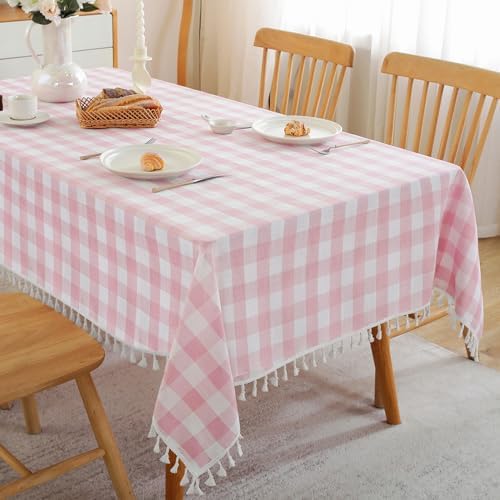 Charming Checkered TABLEcloth for Dining in Pink White with Tassels