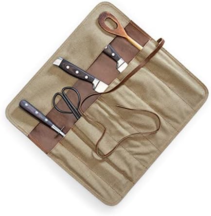 Durable Canvas Genuine Buffalo Leather Knife Bag for Cooking Camping BBQ