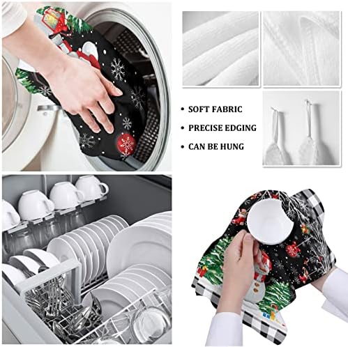 ZOE GARDEN Christmas Plaid Kitchen Towels 2-Pack Black Snowman Pine Tree Branch