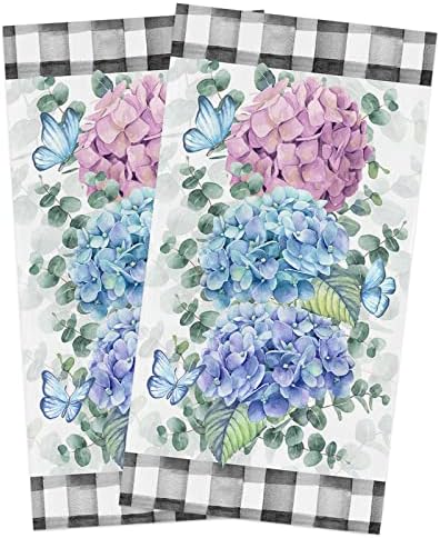Cost-Effective Durable PlaidHydrangea Kitchen Towels Set Farmhouse Blue Purple Pink EucalyptusFeel