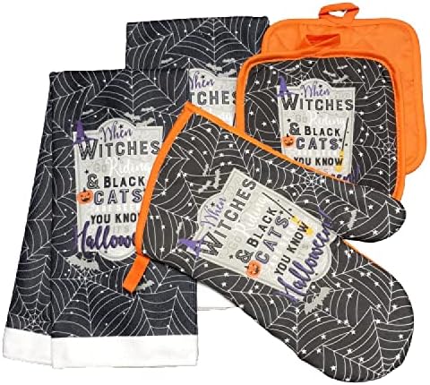 Witch Black Cat Halloween Kitchen Linen Set