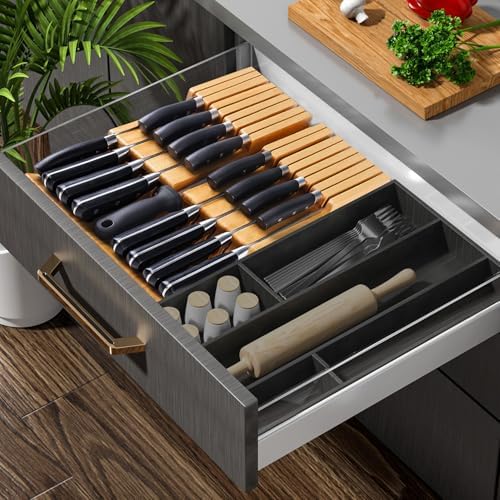 HHXRISE Bamboo Knife Organizer Removable Space-Saving Health-Safe 16 Knives Organizer
