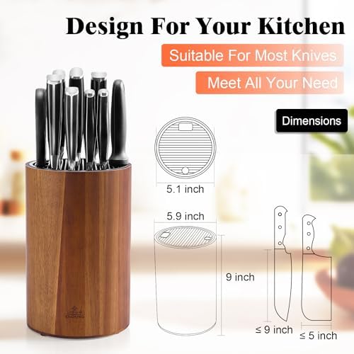 ENOKING Universal Knife Block with Acacia Wood Base and Plastic Lid