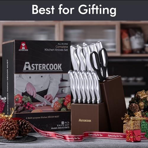 AsterCook Premium German Stainless Steel 15-Piece Knife Set with Built-In Sharpener