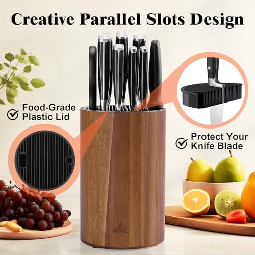 ENOKING Universal Knife Block with Acacia Wood Base and Plastic Lid