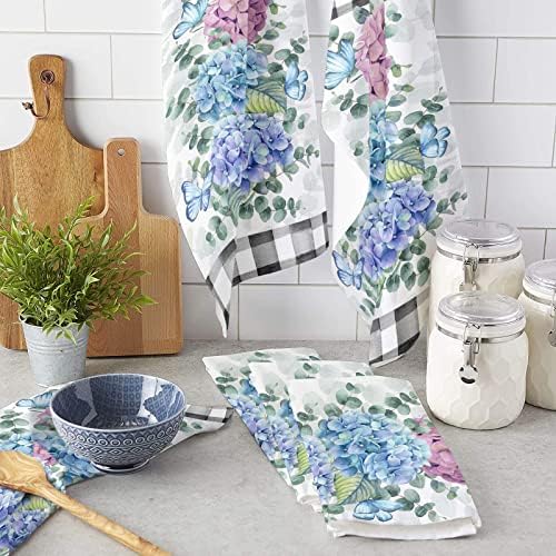 Cost-Effective Durable PlaidHydrangea Kitchen Towels Set Farmhouse Blue Purple Pink EucalyptusFeel