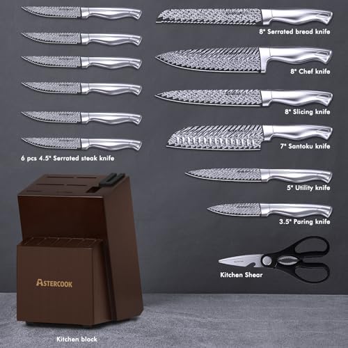AsterCook Premium German Stainless Steel 15-Piece Knife Set with Built-In Sharpener