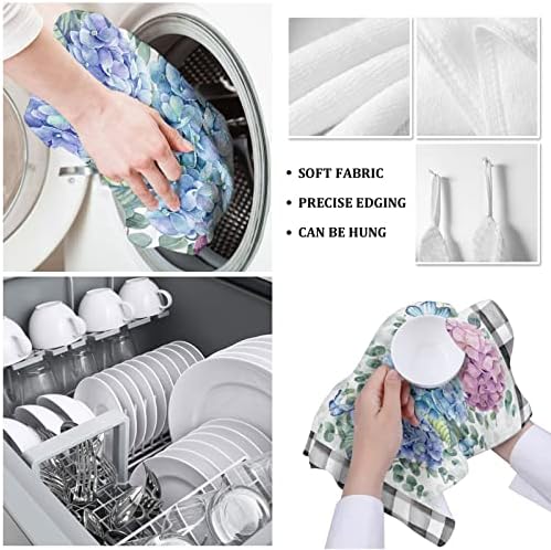 Cost-Effective Durable PlaidHydrangea Kitchen Towels Set Farmhouse Blue Purple Pink EucalyptusFeel