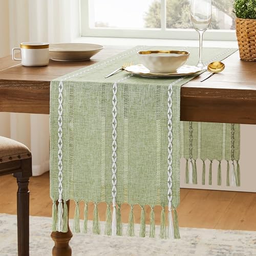 Hemstitch Farmhouse Table Runner Sage Green