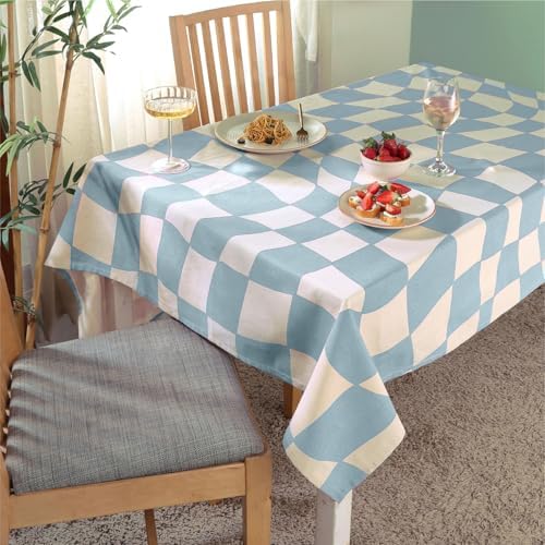 MODERN BOHO TABLECLOTH FOR SUMMER OUTDOORS 60X60 SQUARE TABLEcloth White Blue Checkered Pattern
