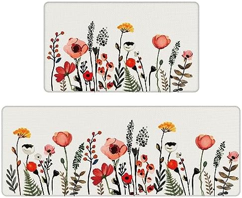 Colorful Flower Fern Kitchen Rugs Set