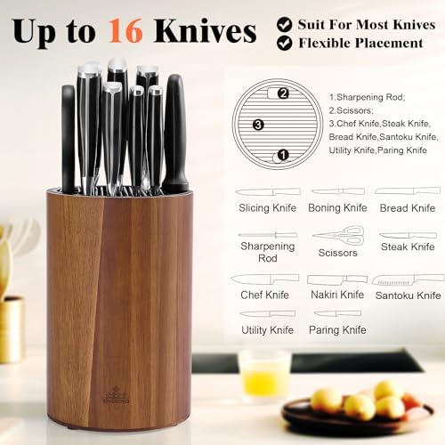 ENOKING Universal Knife Block with Acacia Wood Base and Plastic Lid