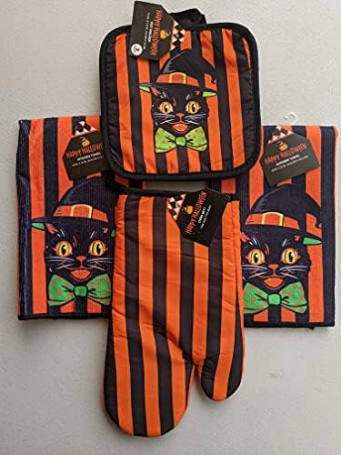 Halloween Black Cat Pot Holder Oven Mitt Set Perfect for Cooking Entertaining
