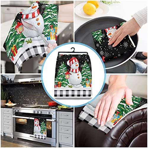 ZOE GARDEN Christmas Plaid Kitchen Towels 2-Pack Black Snowman Pine Tree Branch