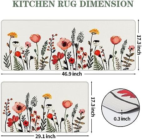 Colorful Flower Fern Kitchen Rugs Set