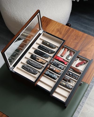 Three-Tier Pocket Knife Case with Elegant Walnut Finish -compact Durable