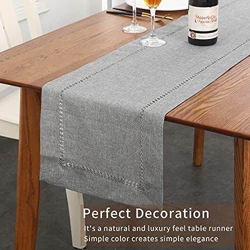 Tosewever Hemstitch Linen Table Runner Farmhouse Style Grey 14x72 Inches
