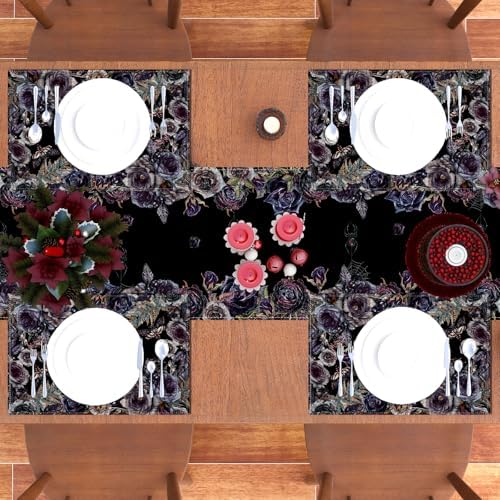 Rvsticty Halloween Table Runner Creative Skull Roses Tablecloth for Home Kitchen