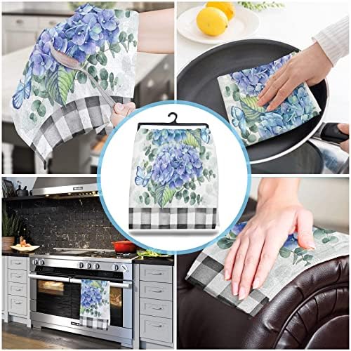 Cost-Effective Durable PlaidHydrangea Kitchen Towels Set Farmhouse Blue Purple Pink EucalyptusFeel