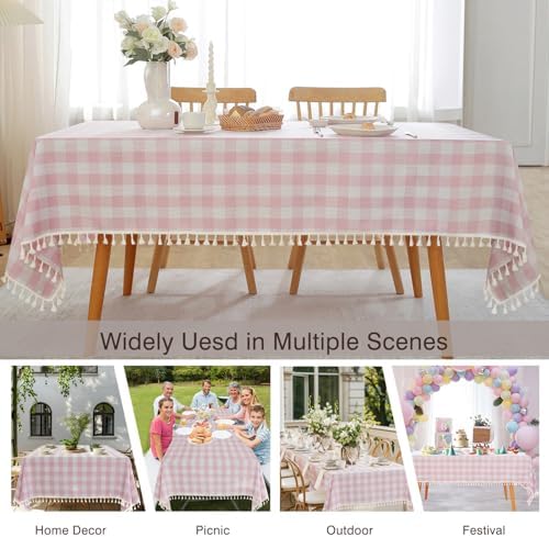 Charming Checkered TABLEcloth for Dining in Pink White with Tassels