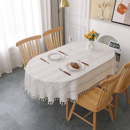 Gernaice Rustic Stripe Embroidered Oval Tablecloth 53x70 Inch
