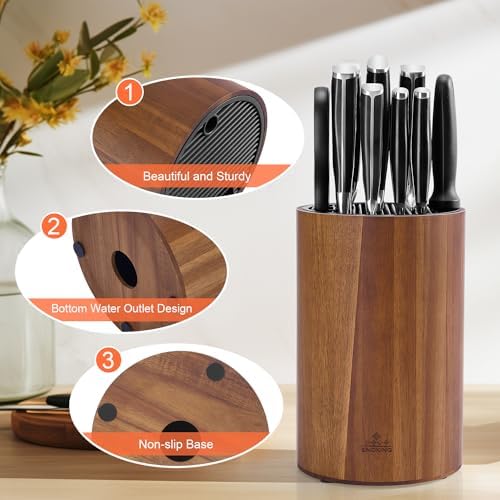 ENOKING Universal Knife Block with Acacia Wood Base and Plastic Lid