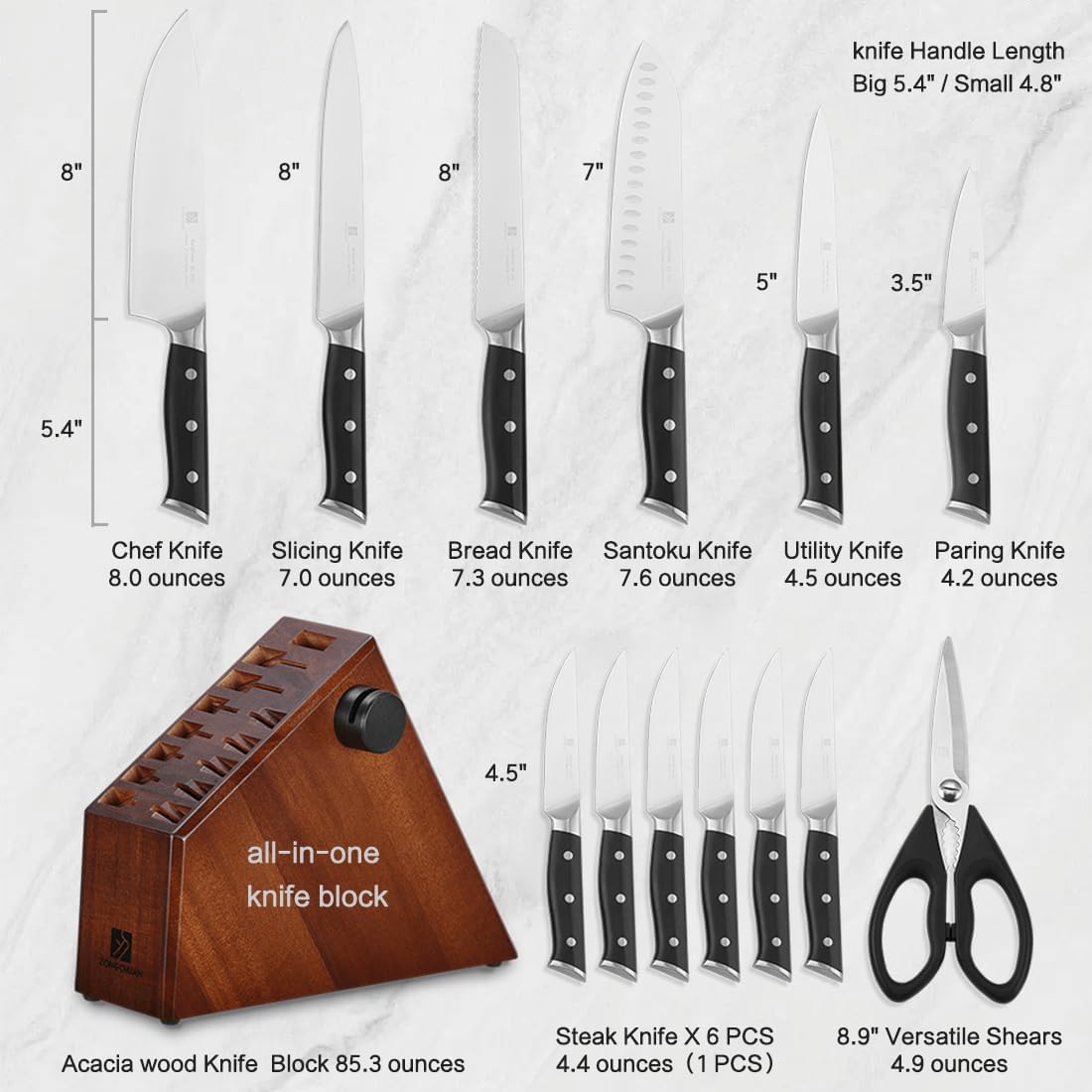 Zongchuan 15 Pcs Sharp Knife Set with Block and Sharpener