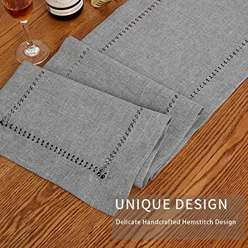 Tosewever Hemstitch Linen Table Runner Farmhouse Style Grey 14x72 Inches