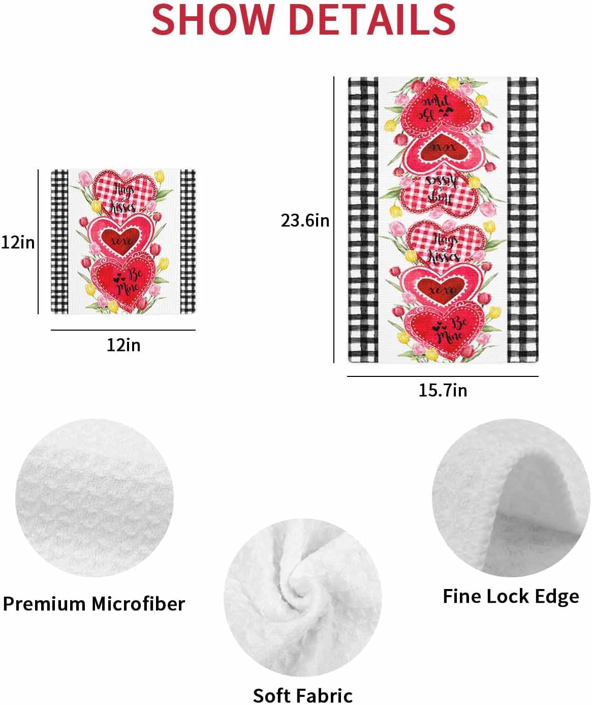 Valentines Day Waffle Kitchen Hand Towels Set of 3