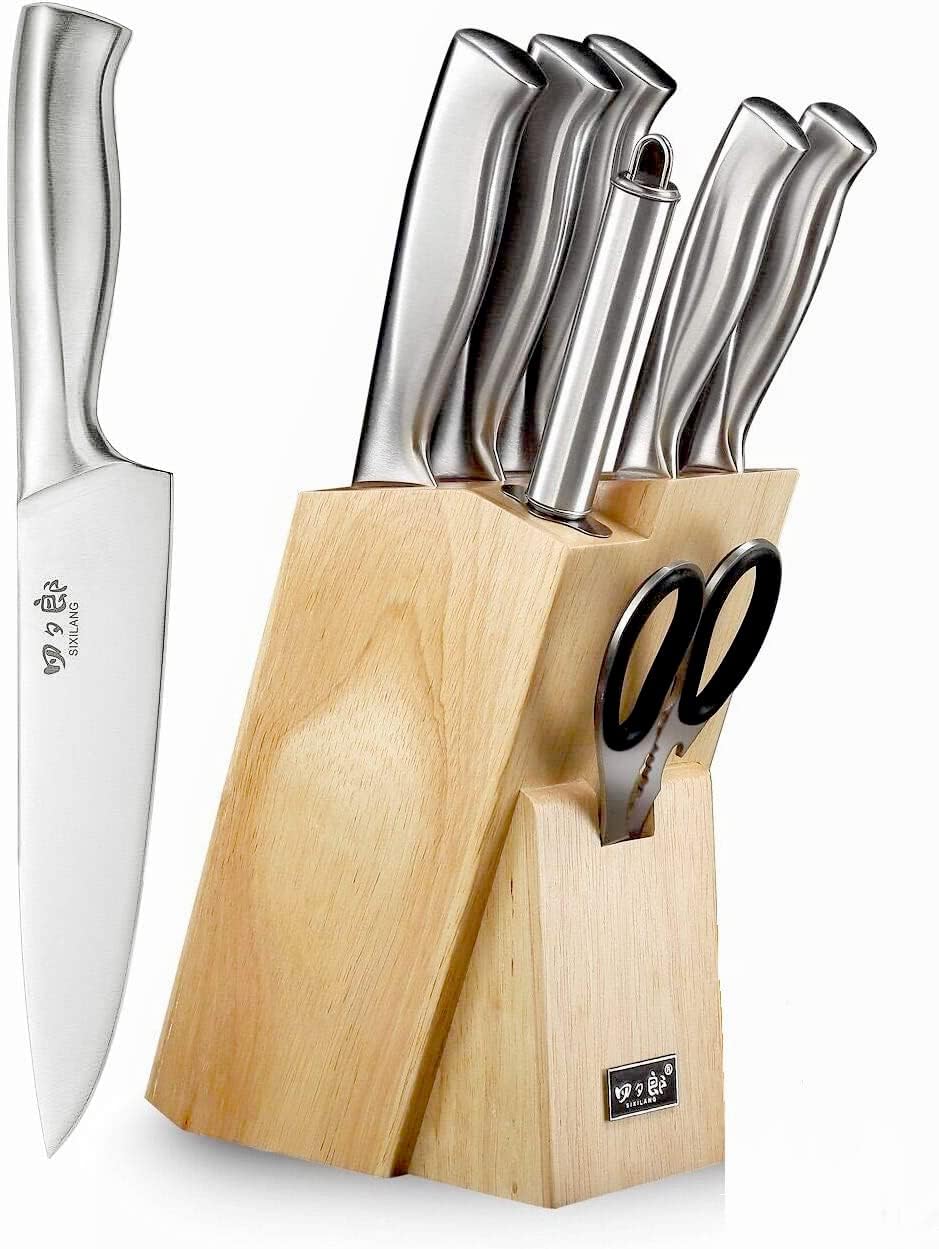 SIXILANG 8-Piece Knife Set with Oak Block and Sharpener